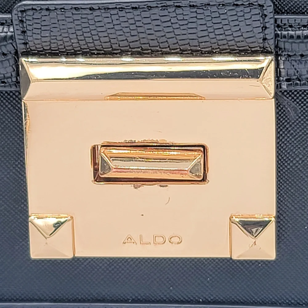 ALDO Black Saffiano Crossbody Bag Flap Top Gold Turn Lock Structured 9.5